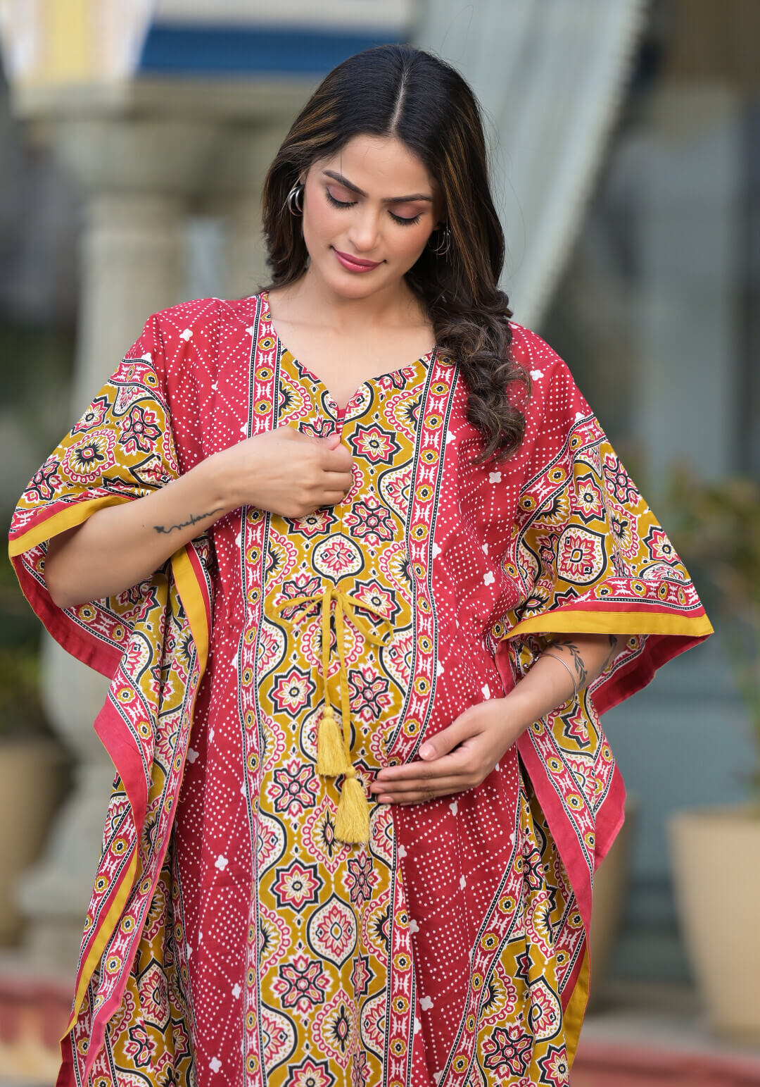 Red Mustard Ethnic Print Maternity & Feeding Kaftan Dress with Concealed Zipper