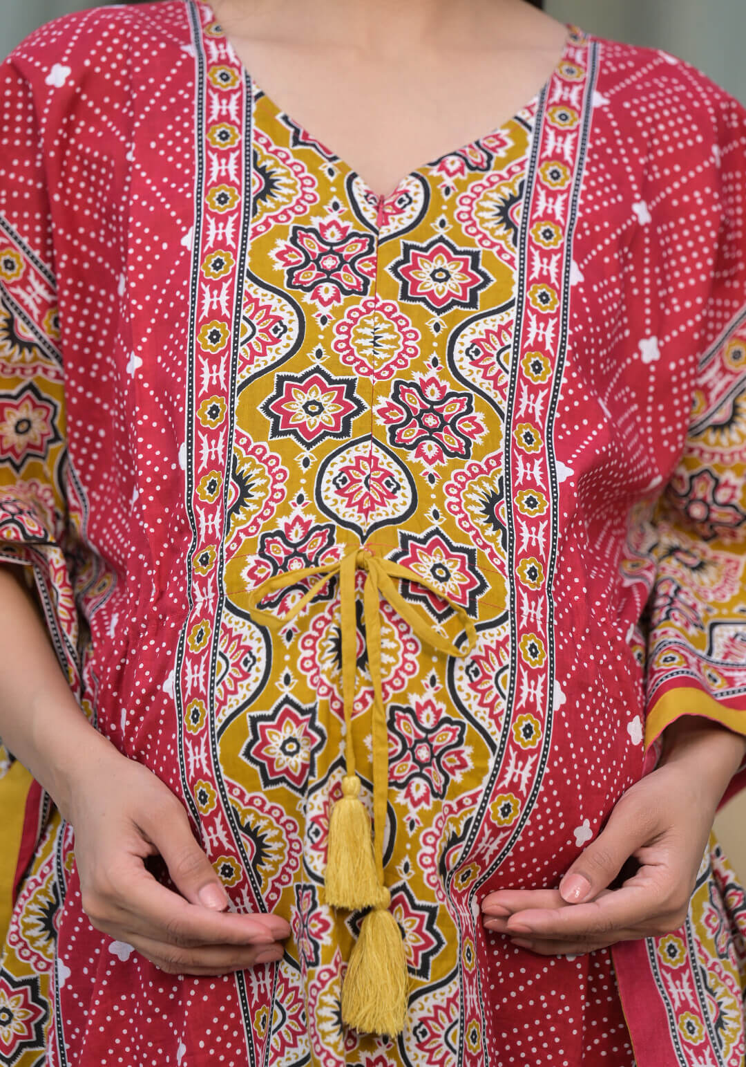 Red Mustard Ethnic Print Maternity & Feeding Kaftan Dress with Concealed Zipper