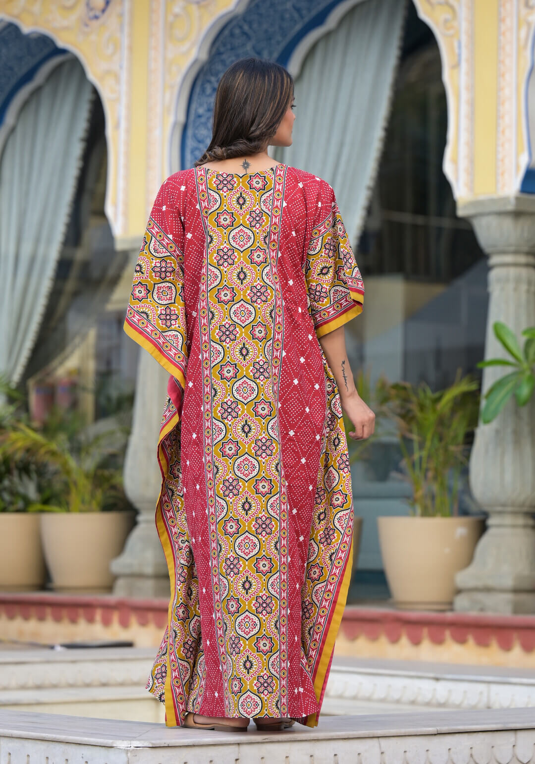 Red Mustard Ethnic Print Maternity & Feeding Kaftan Dress with Concealed Zipper