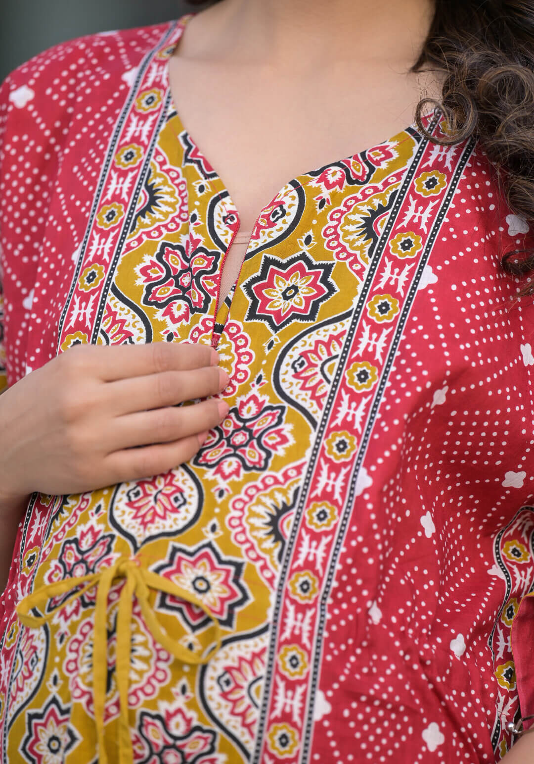 Red Mustard Ethnic Print Maternity & Feeding Kaftan Dress with Concealed Zipper