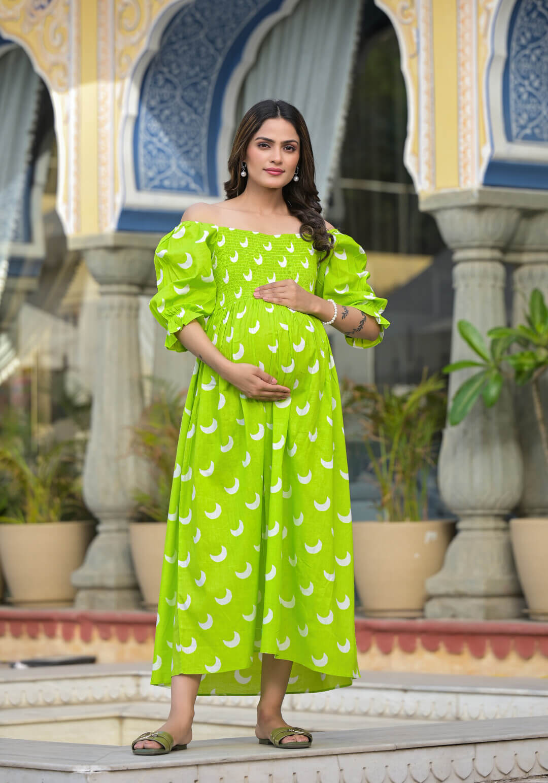 Lime Green Ethnic Print Maternity Flared Dress