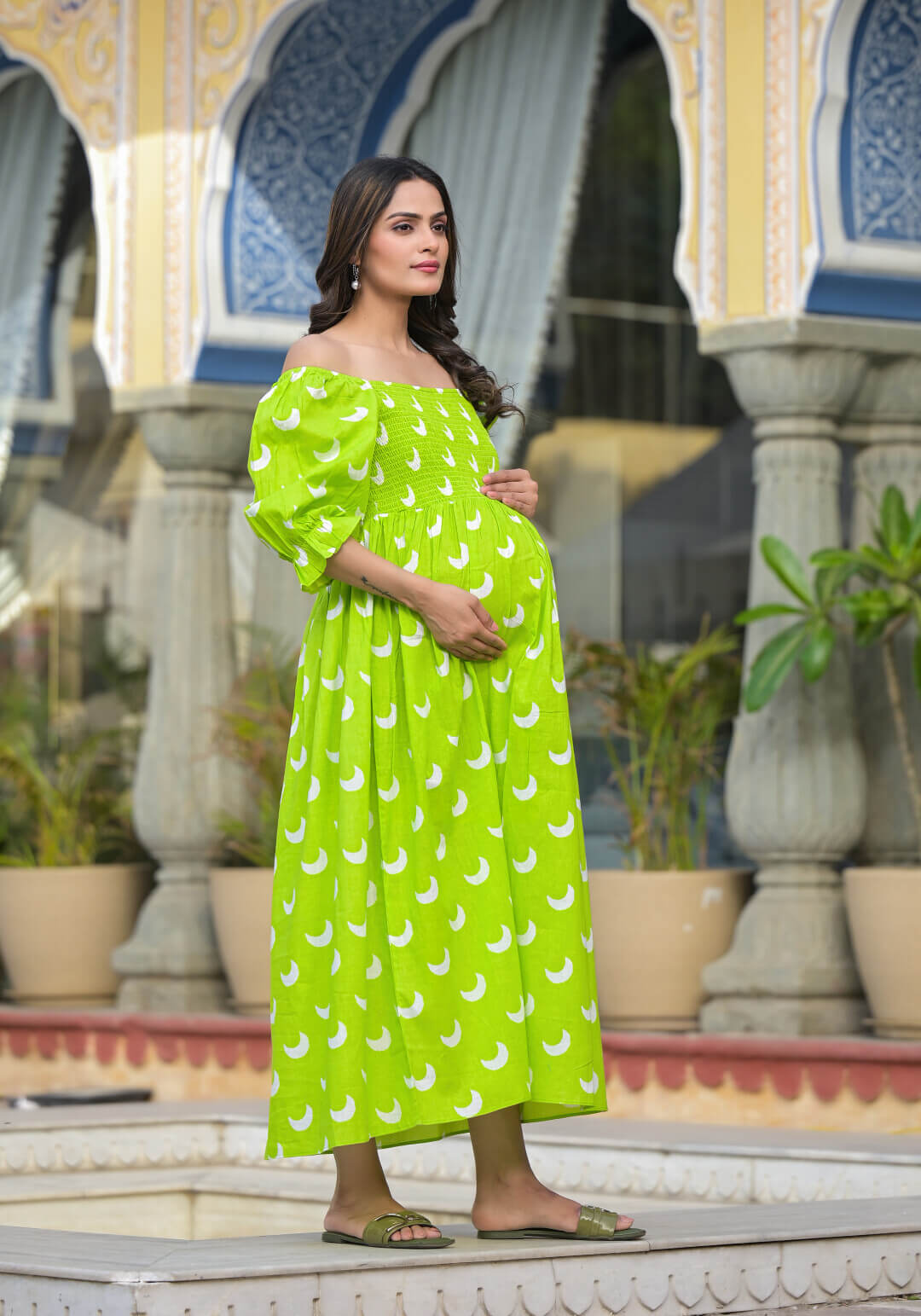 Lime Green Ethnic Print Maternity Flared Dress