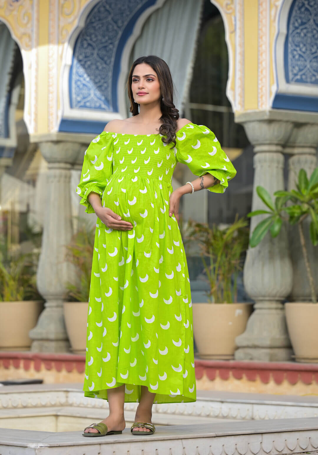 Lime Green Ethnic Print Maternity Flared Dress
