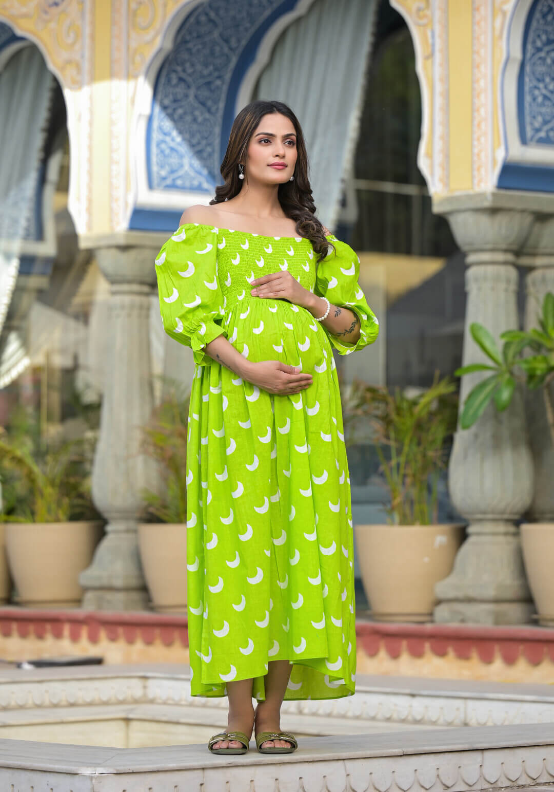 Lime Green Ethnic Print Maternity Flared Dress