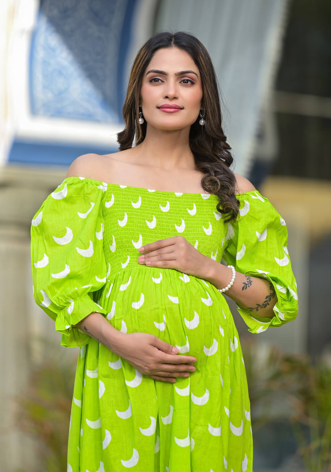 Lime Green Ethnic Print Maternity Flared Dress