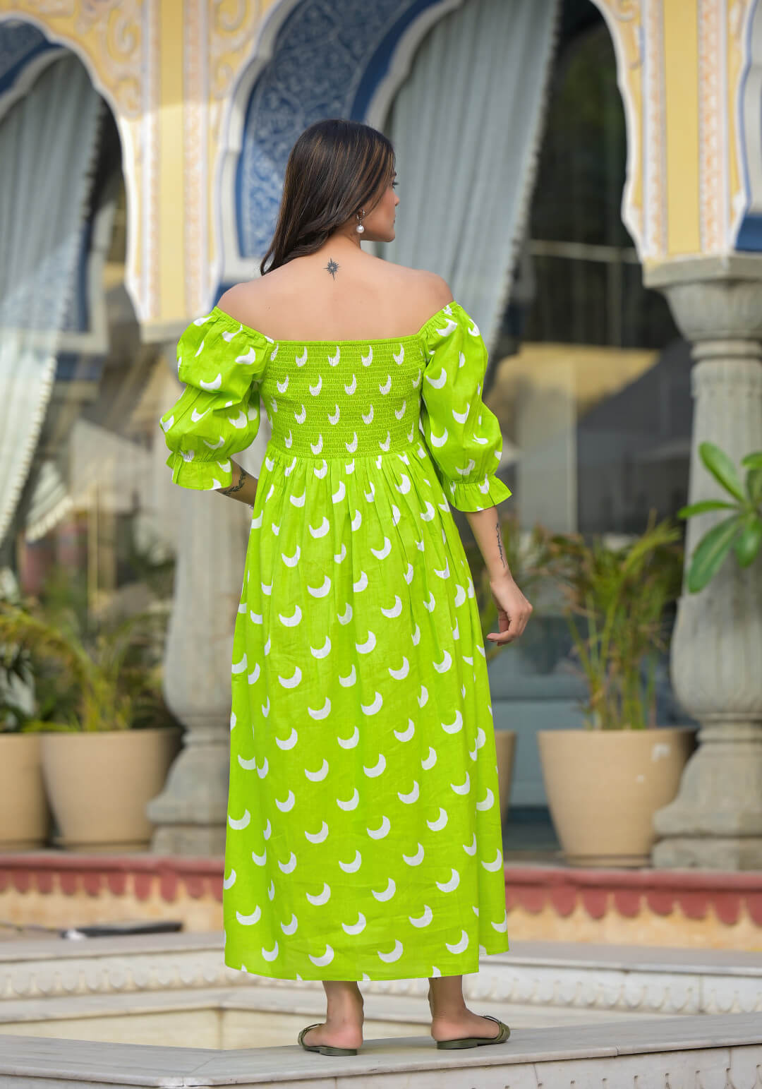 Lime Green Ethnic Print Maternity Flared Dress