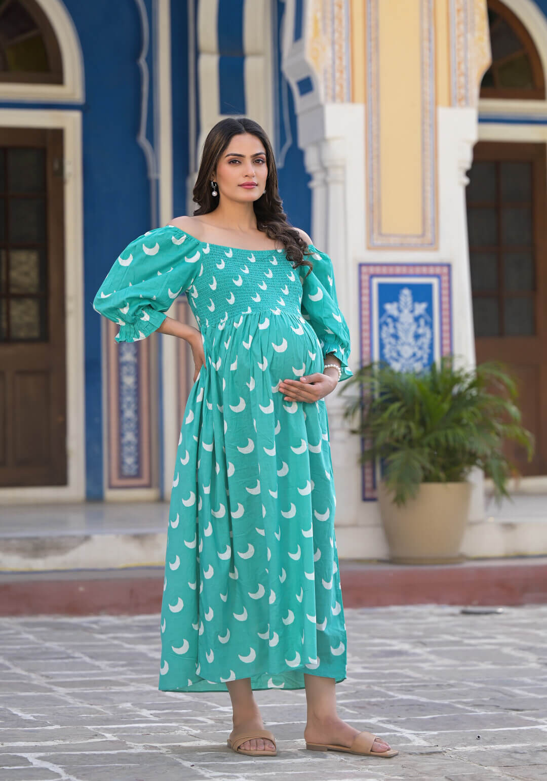 Mint Green Ethnic Print Maternity Flared Dress