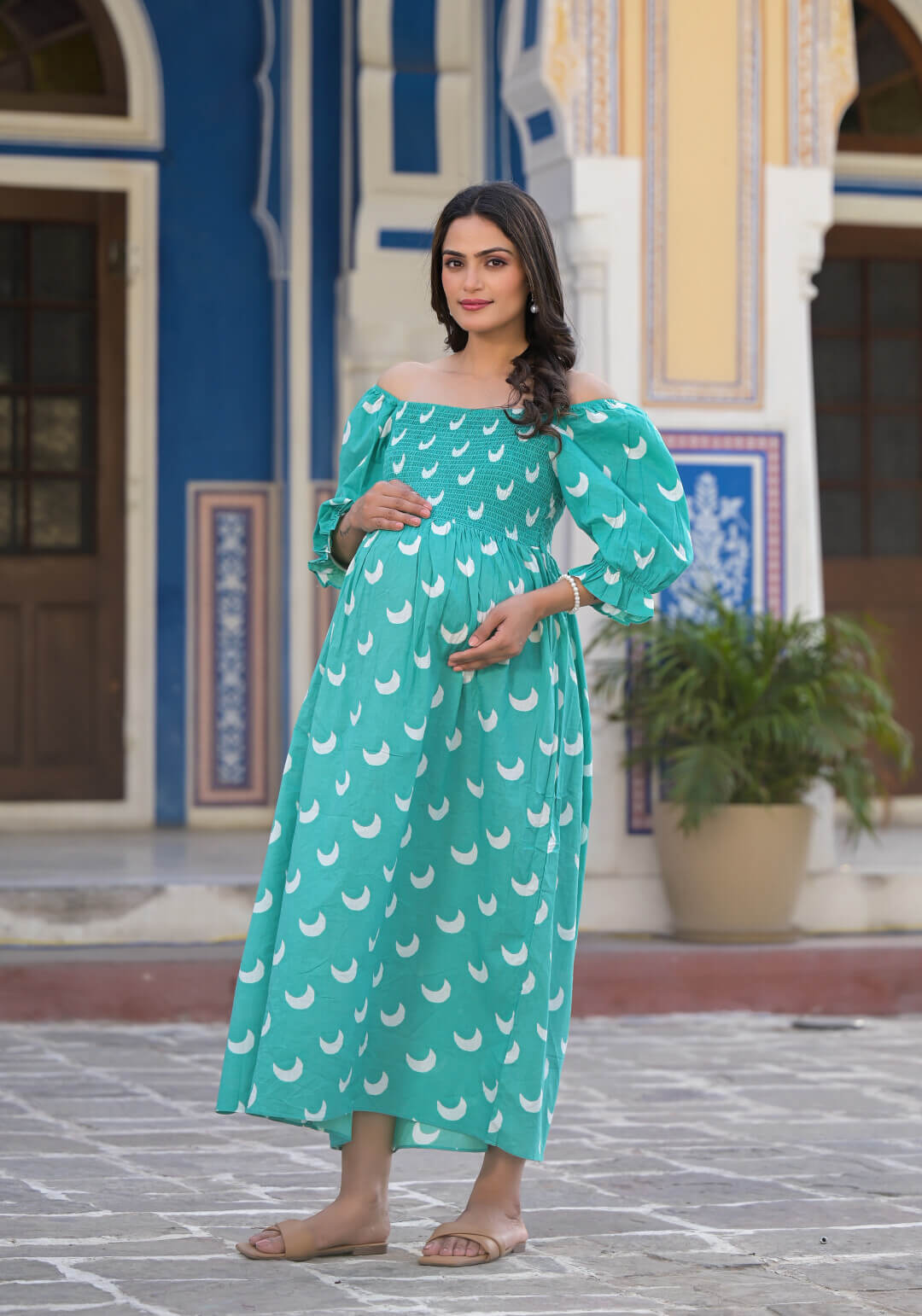 Mint Green Ethnic Print Maternity Flared Dress