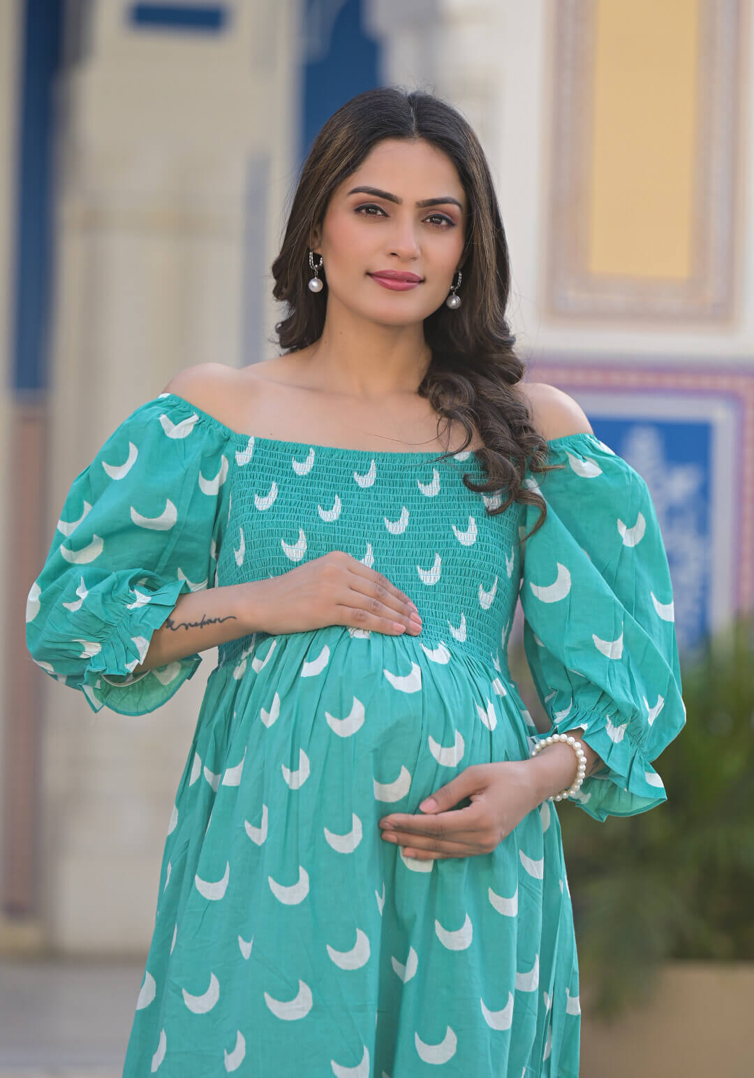 Mint Green Ethnic Print Maternity Flared Dress