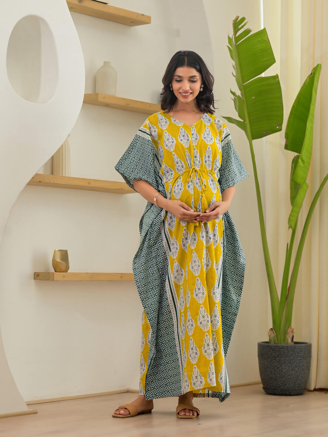 Mustard Ethnic Motifs Print Maternity & Feeding Kaftan Dress with Concealed Zipper