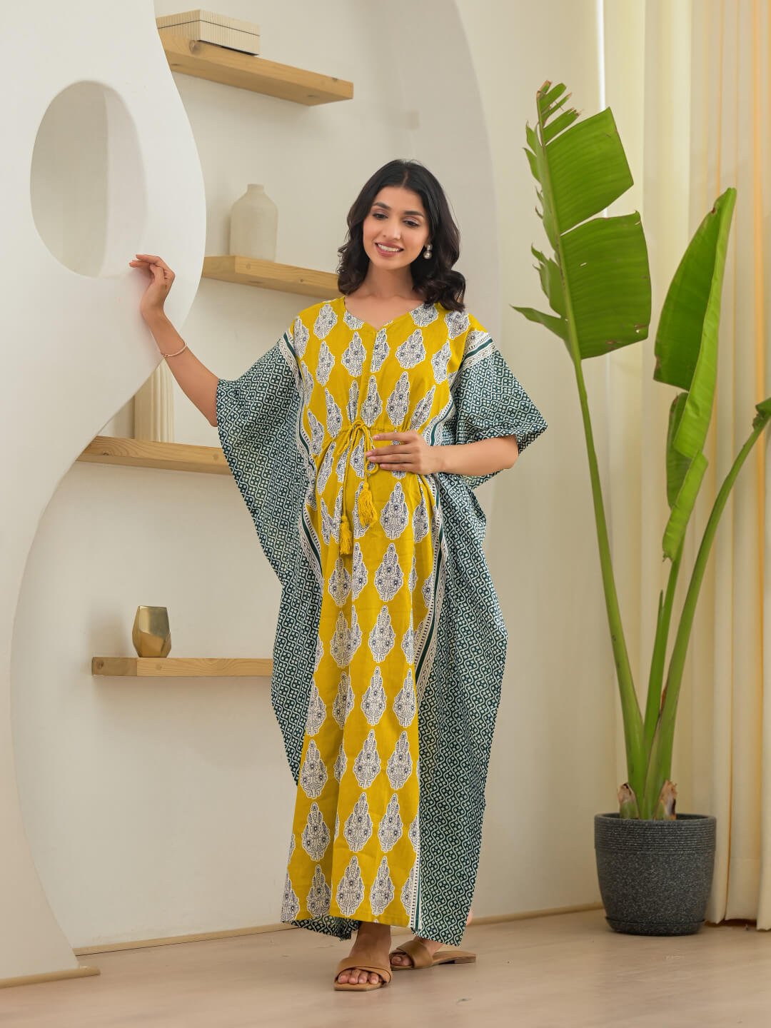 Mustard Ethnic Motifs Print Maternity & Feeding Kaftan Dress with Concealed Zipper