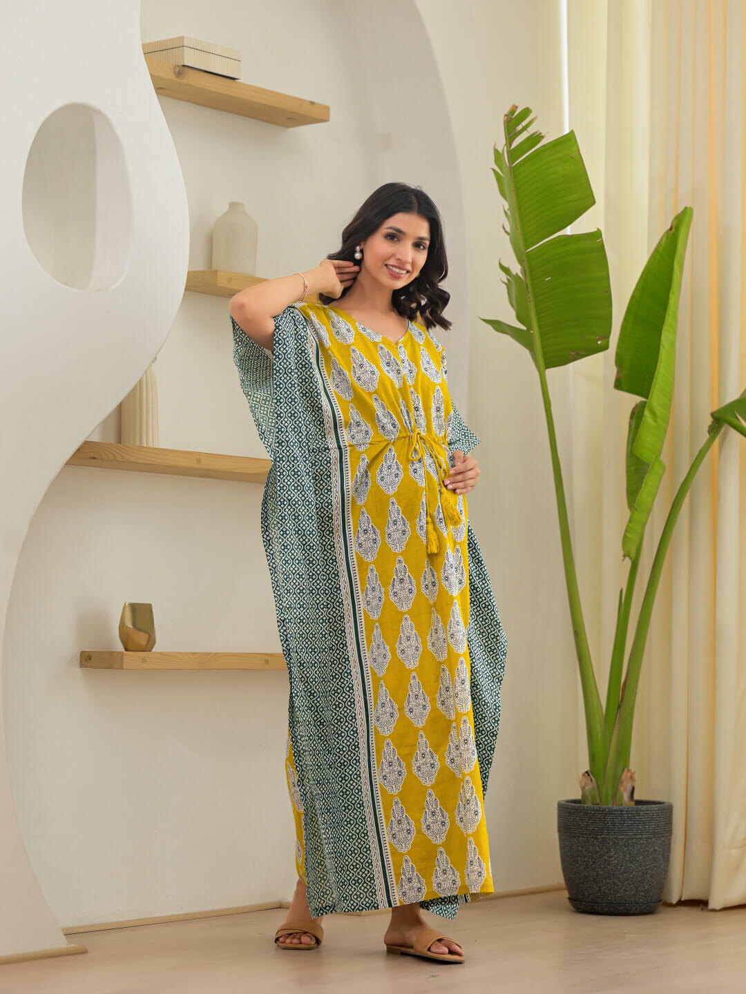Mustard Ethnic Motifs Print Maternity & Feeding Kaftan Dress with Concealed Zipper