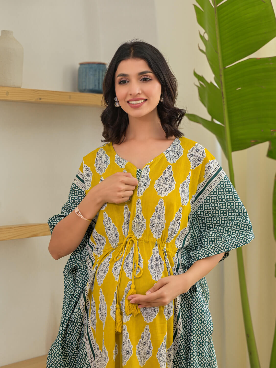 Mustard Ethnic Motifs Print Maternity & Feeding Kaftan Dress with Concealed Zipper