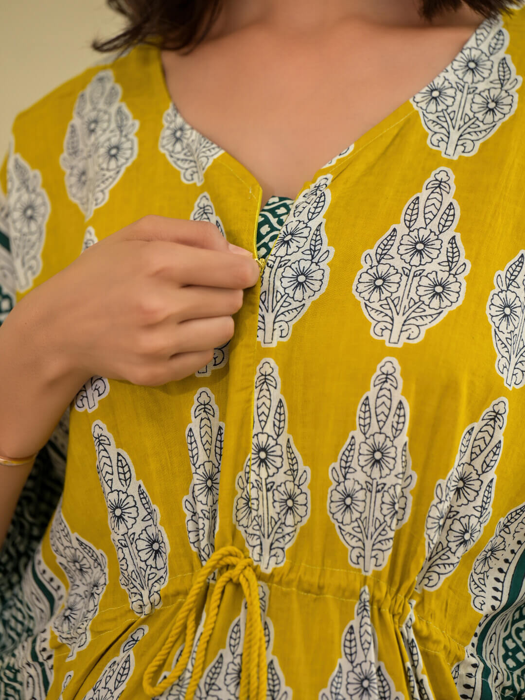Mustard Ethnic Motifs Print Maternity & Feeding Kaftan Dress with Concealed Zipper