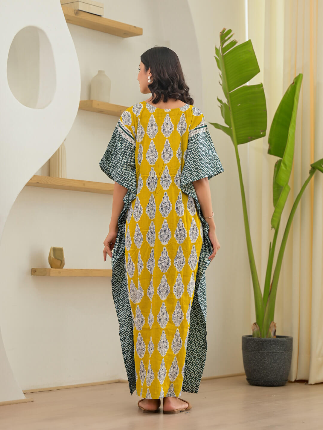 Mustard Ethnic Motifs Print Maternity & Feeding Kaftan Dress with Concealed Zipper