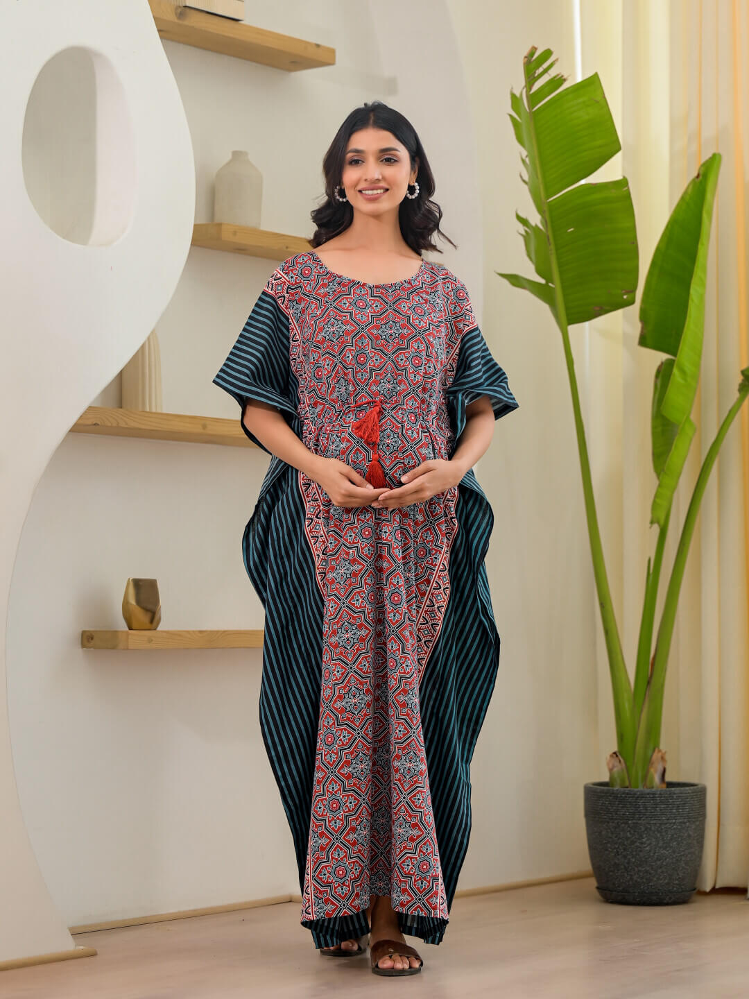 Maroon Teal Geometric Print Maternity & Feeding Kaftan Dress with Concealed Zipper