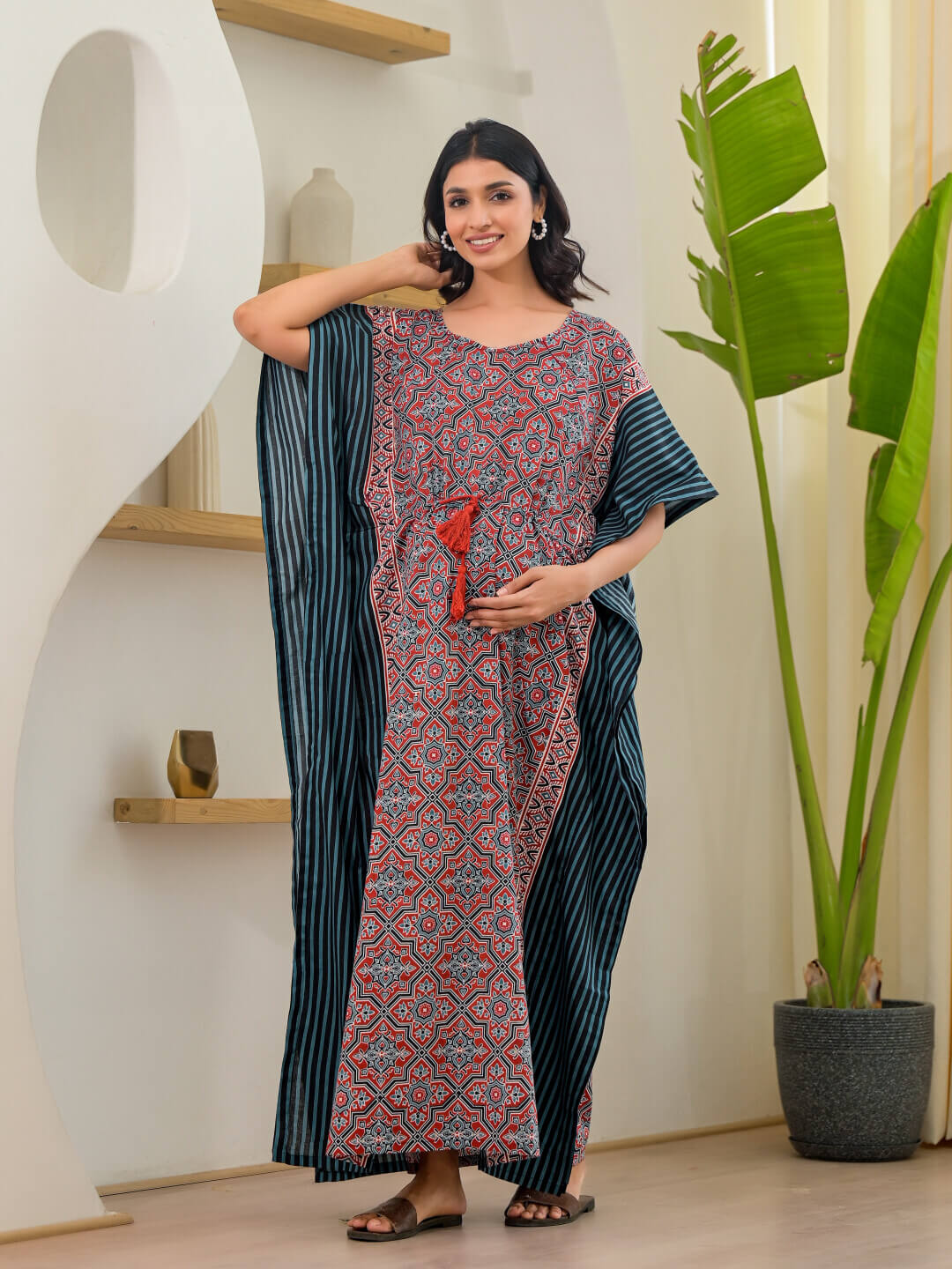 Maroon Teal Geometric Print Maternity & Feeding Kaftan Dress with Concealed Zipper