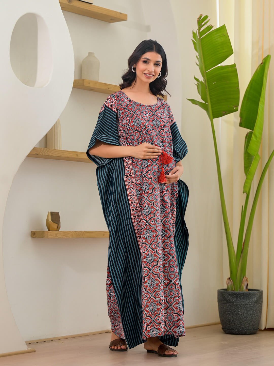 Maroon Teal Geometric Print Maternity & Feeding Kaftan Dress with Concealed Zipper