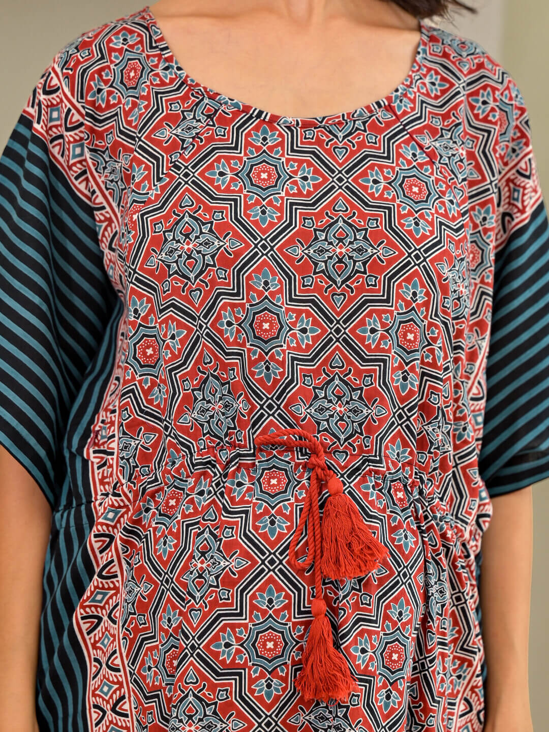 Maroon Teal Geometric Print Maternity & Feeding Kaftan Dress with Concealed Zipper