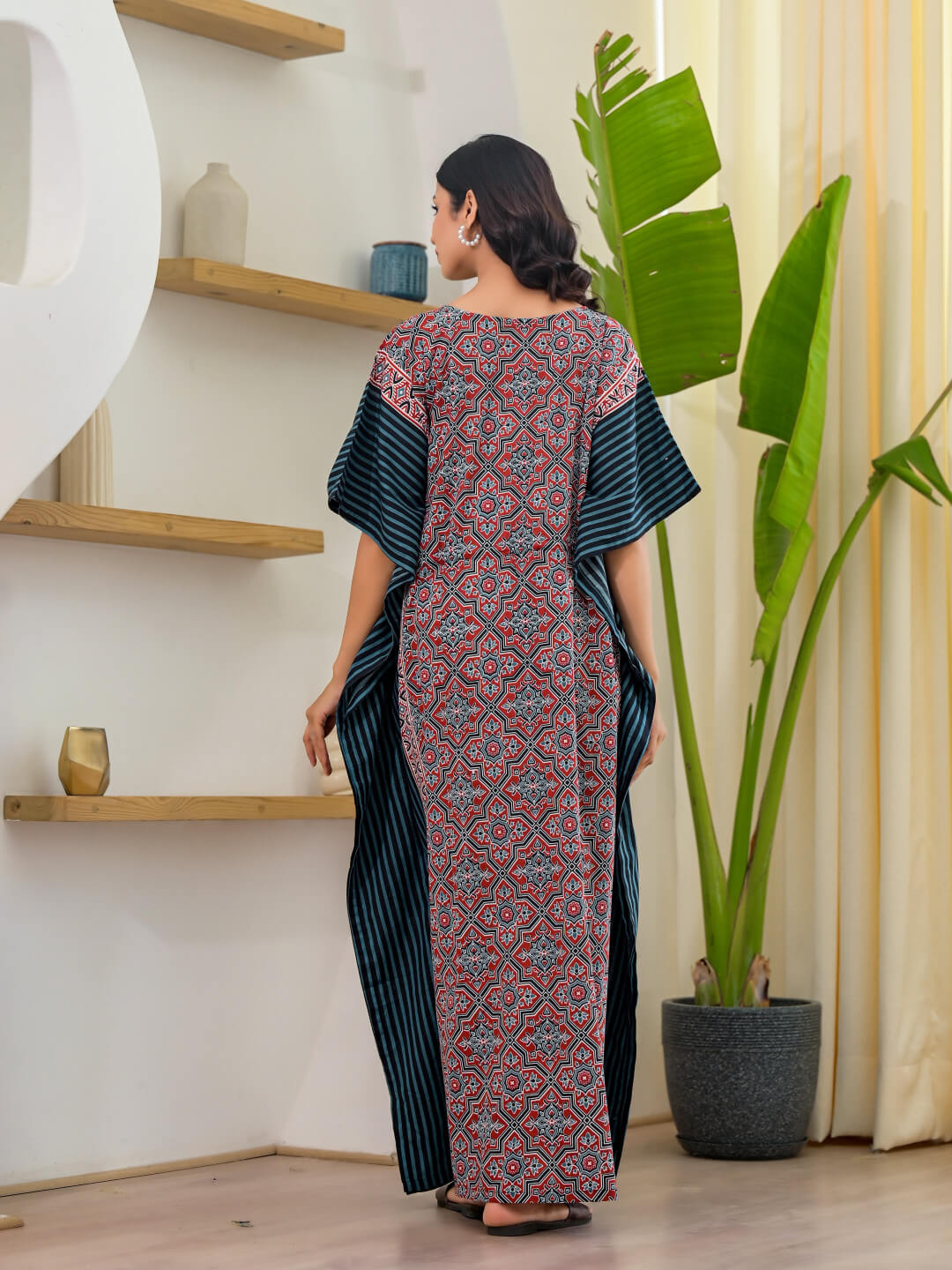 Maroon Teal Geometric Print Maternity & Feeding Kaftan Dress with Concealed Zipper