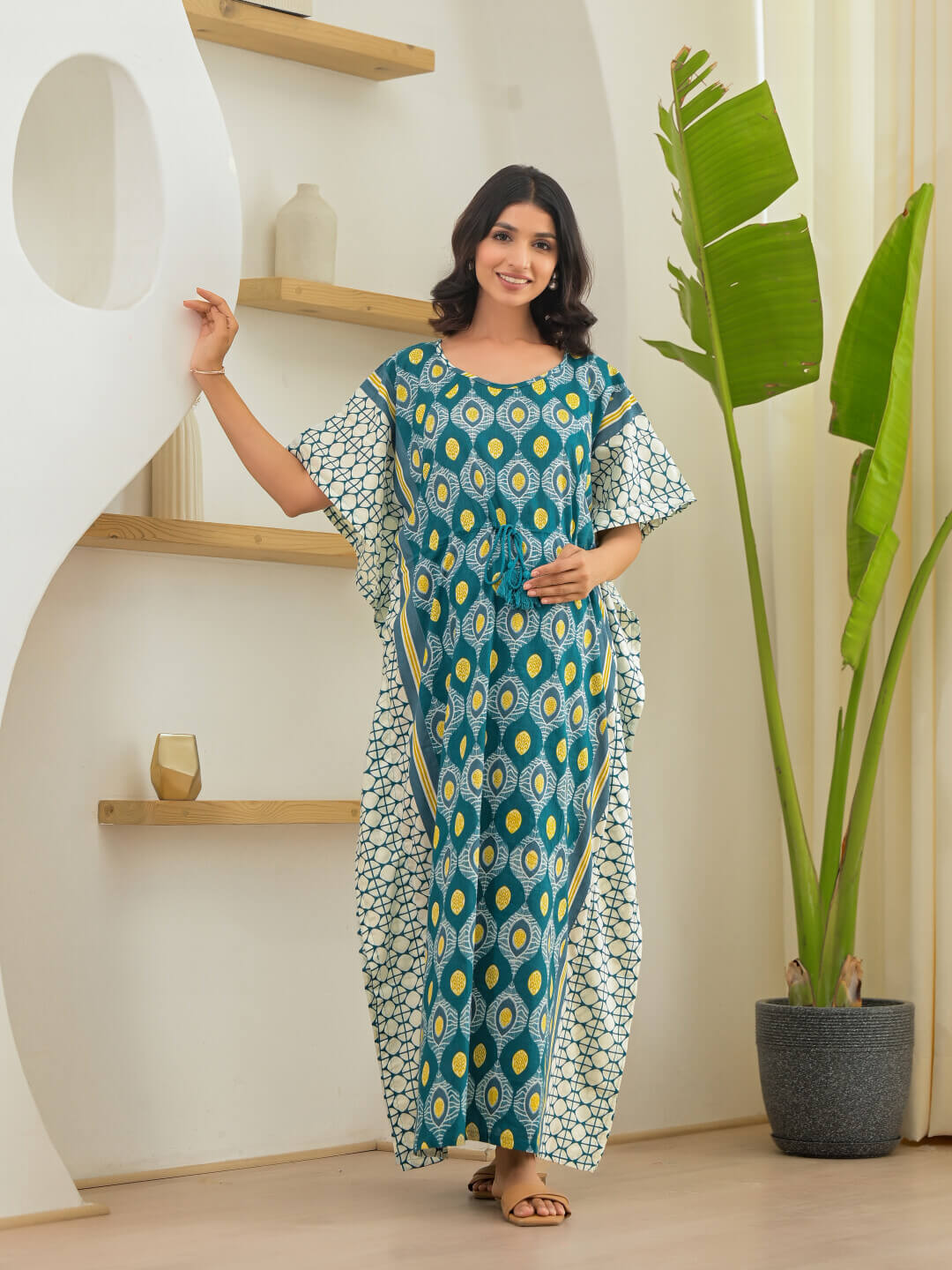 Teal White Geometric Print Maternity & Feeding Kaftan Dress with Concealed Zipper