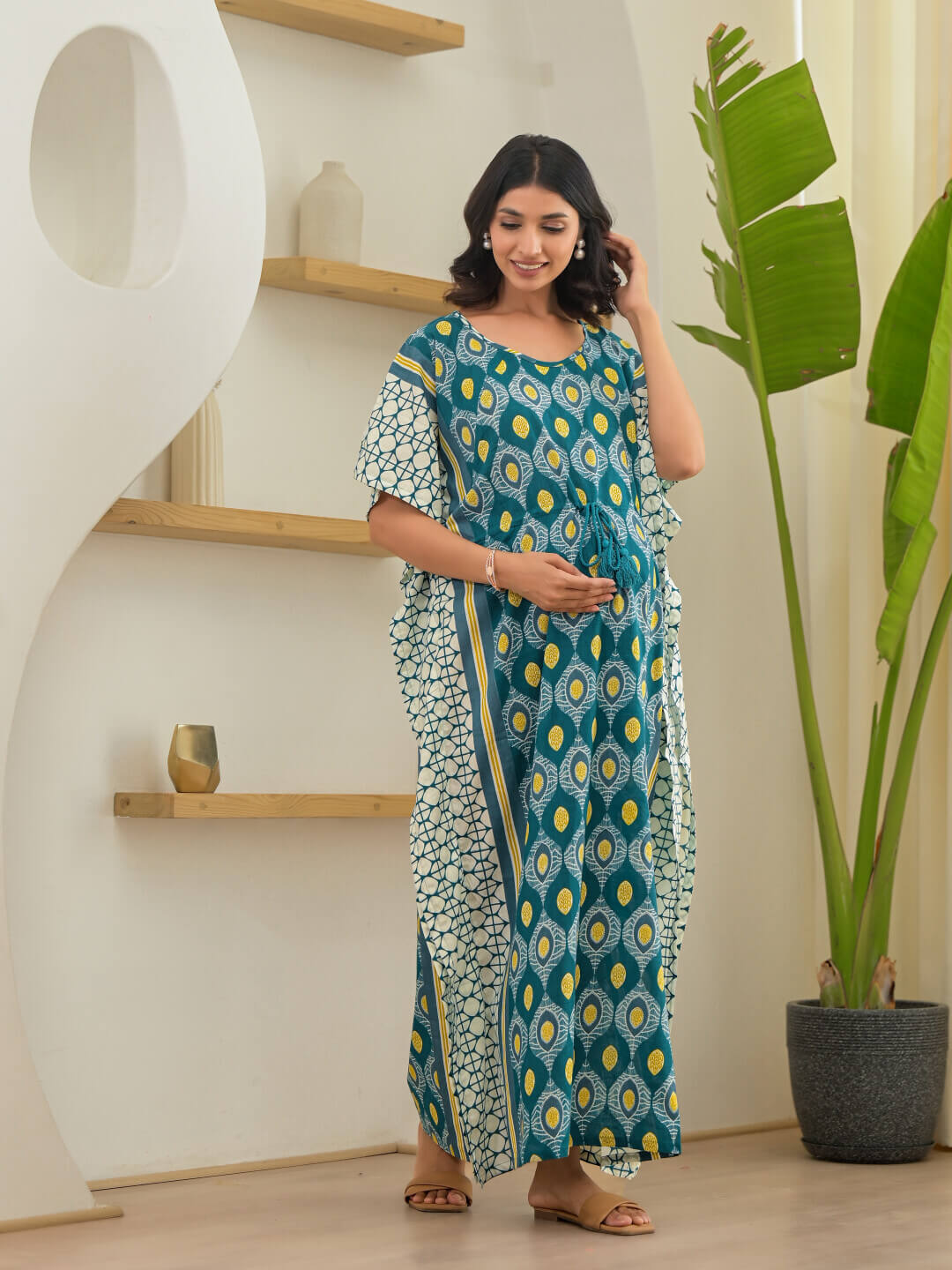 Teal White Geometric Print Maternity & Feeding Kaftan Dress with Concealed Zipper