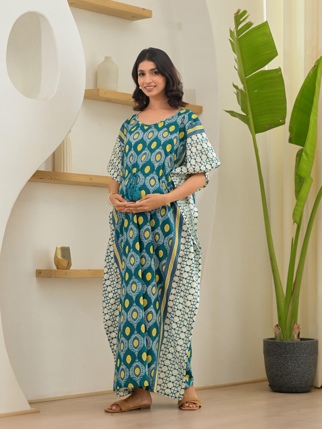 Teal White Geometric Print Maternity & Feeding Kaftan Dress with Concealed Zipper