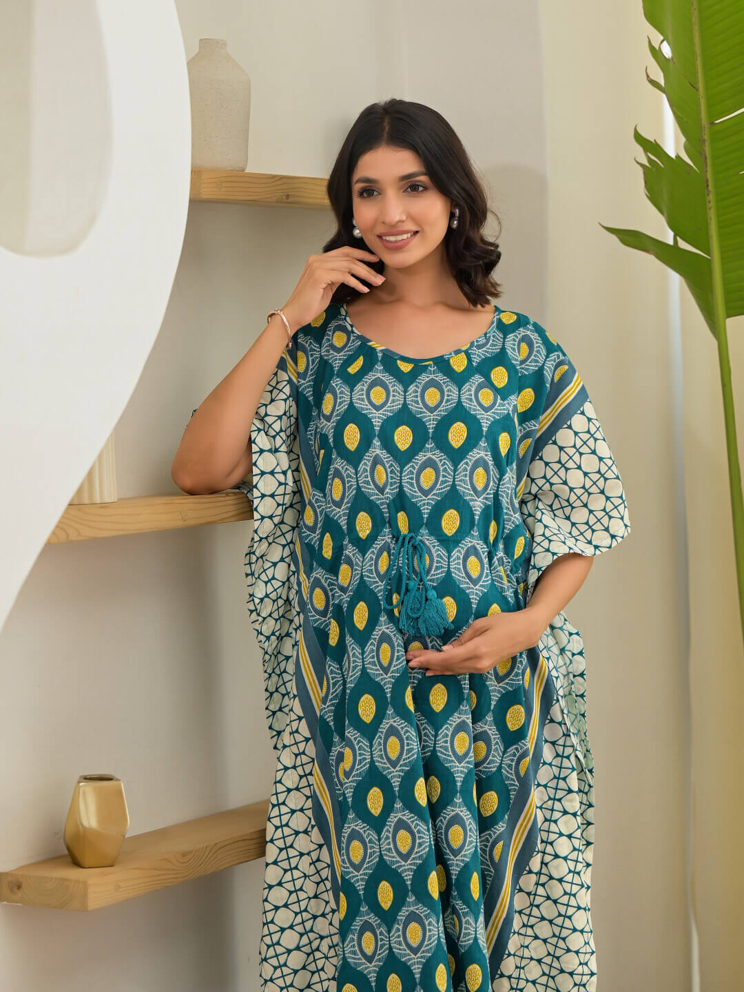 Teal White Geometric Print Maternity & Feeding Kaftan Dress with Concealed Zipper