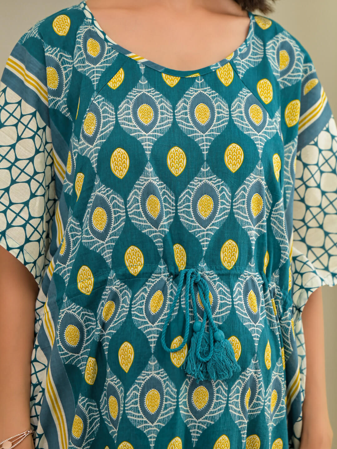 Teal White Geometric Print Maternity & Feeding Kaftan Dress with Concealed Zipper