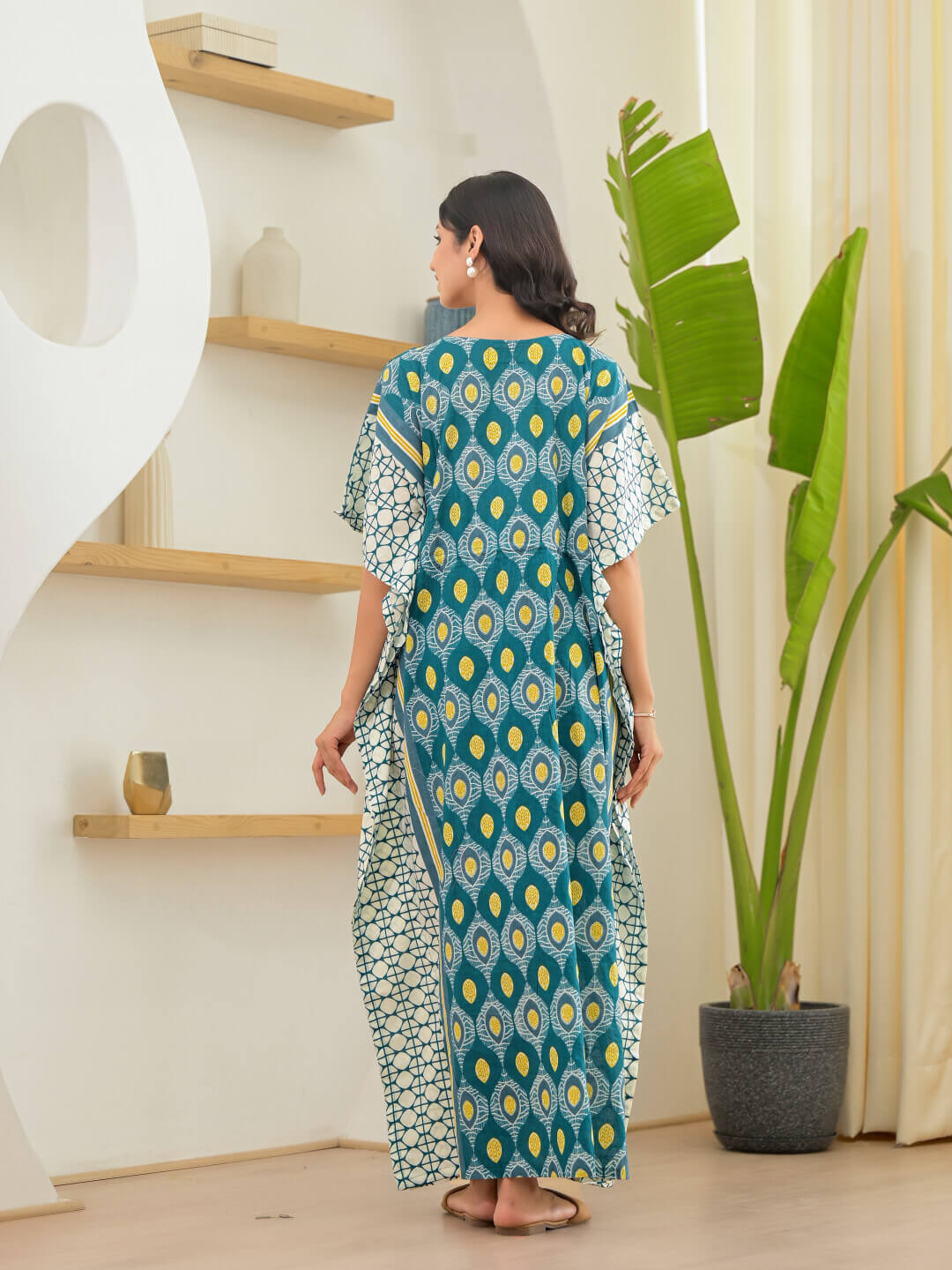 Teal White Geometric Print Maternity & Feeding Kaftan Dress with Concealed Zipper