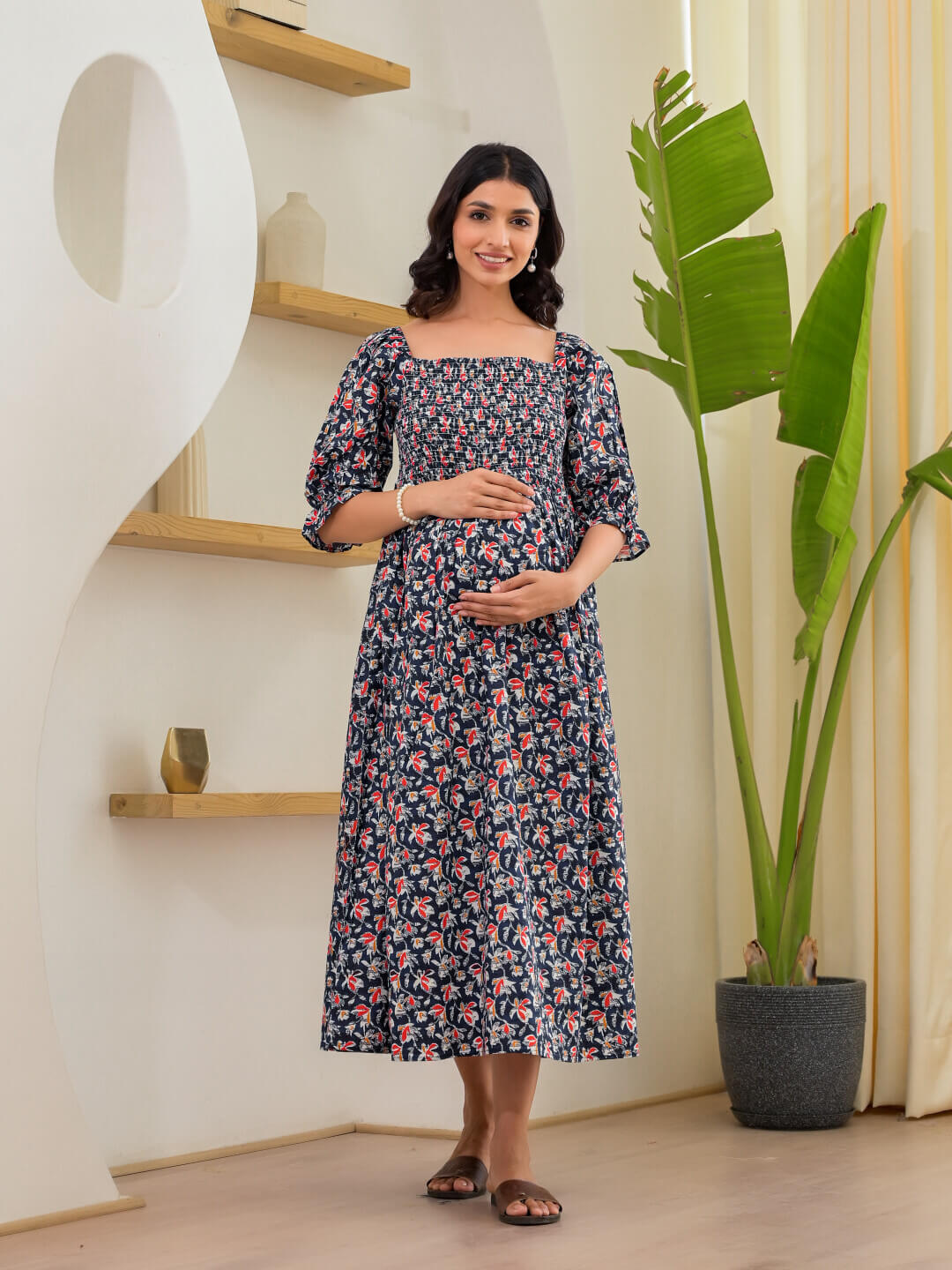 Indigo Multi Floral Print Maternity Flared Dress