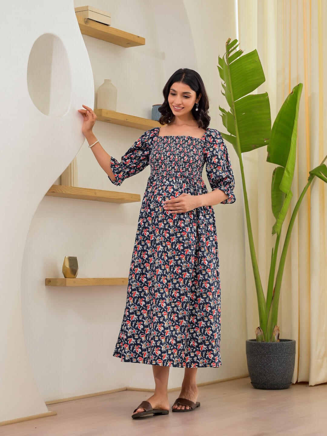 Indigo Multi Floral Print Maternity Flared Dress