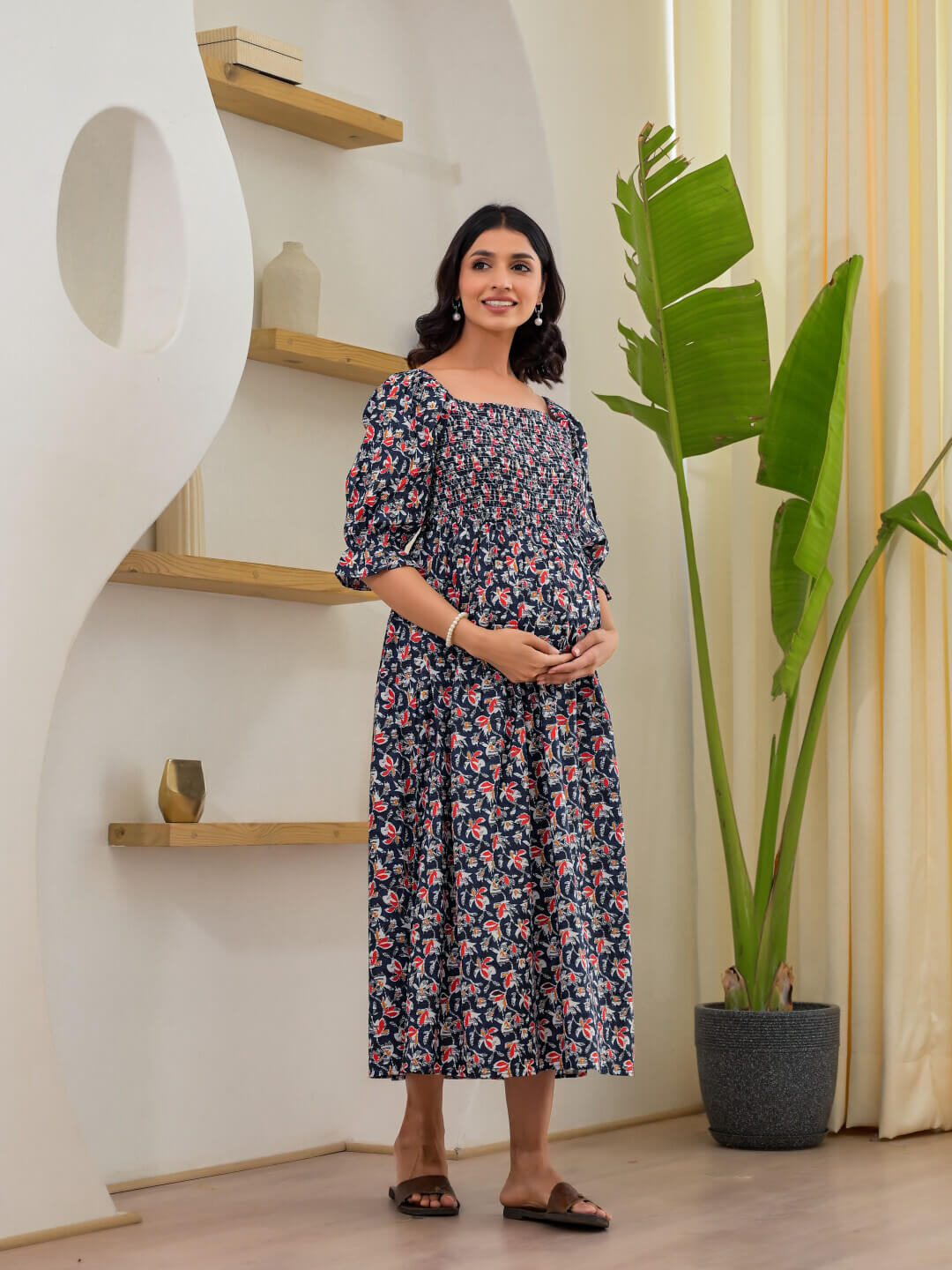 Indigo Multi Floral Print Maternity Flared Dress