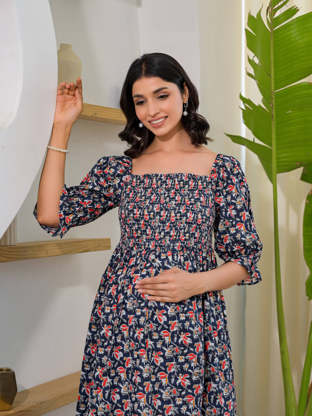 Indigo Multi Floral Print Maternity Flared Dress