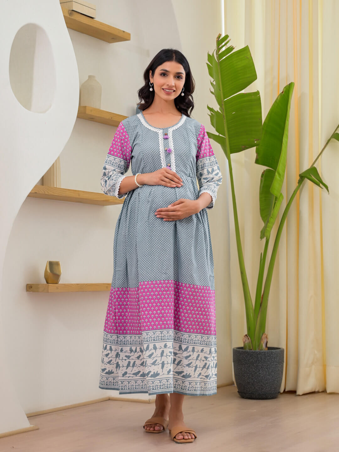 Grey Floral Print Maternity & Feeding Midi Dress with Concealed Zippers 72