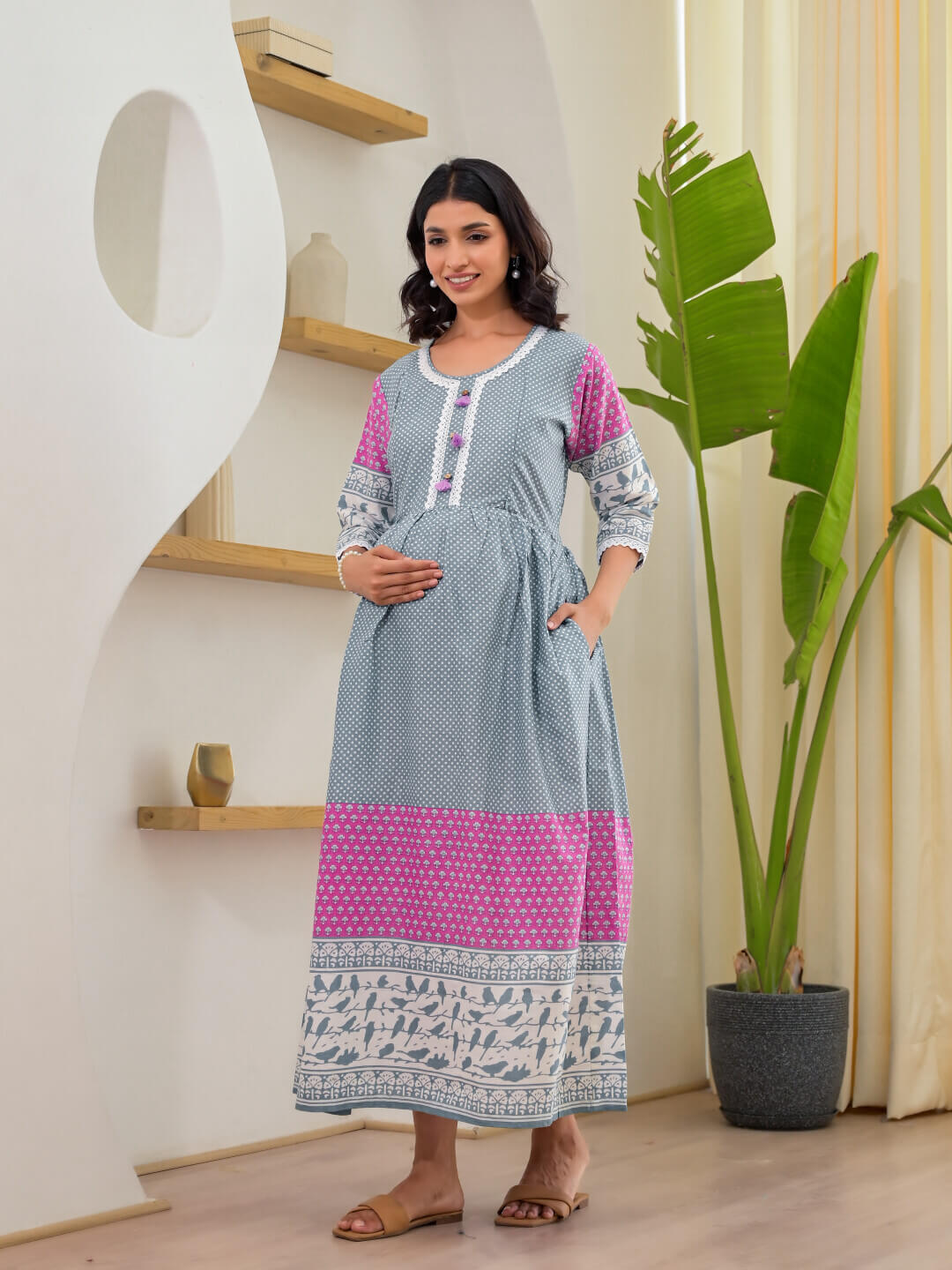 Grey Floral Print Maternity & Feeding Midi Dress with Concealed Zippers 72