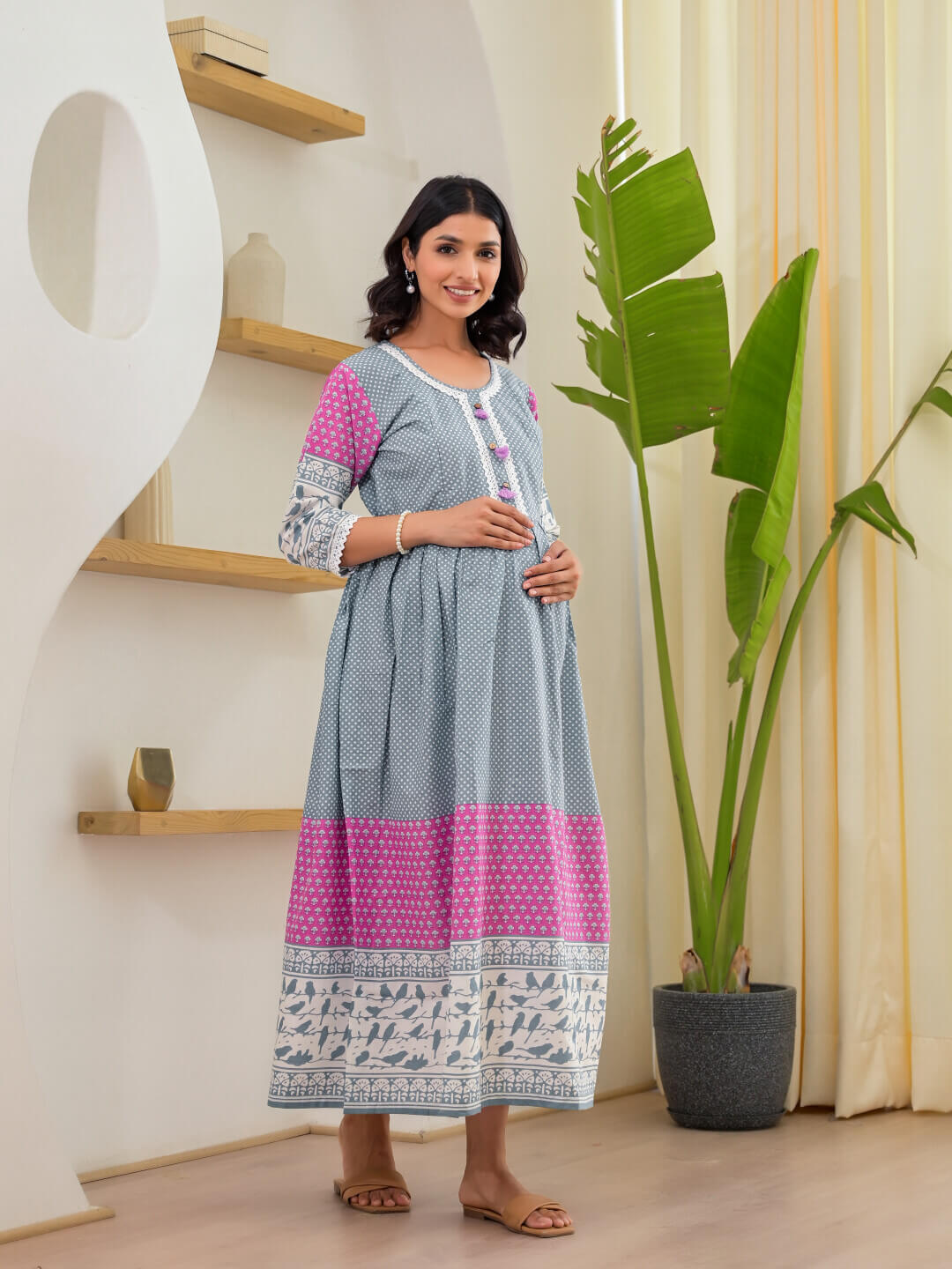 Grey Floral Print Maternity & Feeding Midi Dress with Concealed Zippers 72