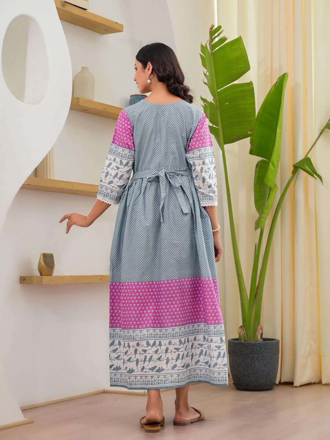Grey Floral Print Maternity & Feeding Midi Dress with Concealed Zippers 72
