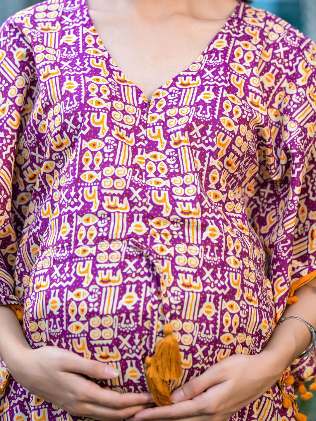 Purple Mustard Ethnic Print Maternity Feeding-Friendly Kaftan Night Suit with Concealed Zipper