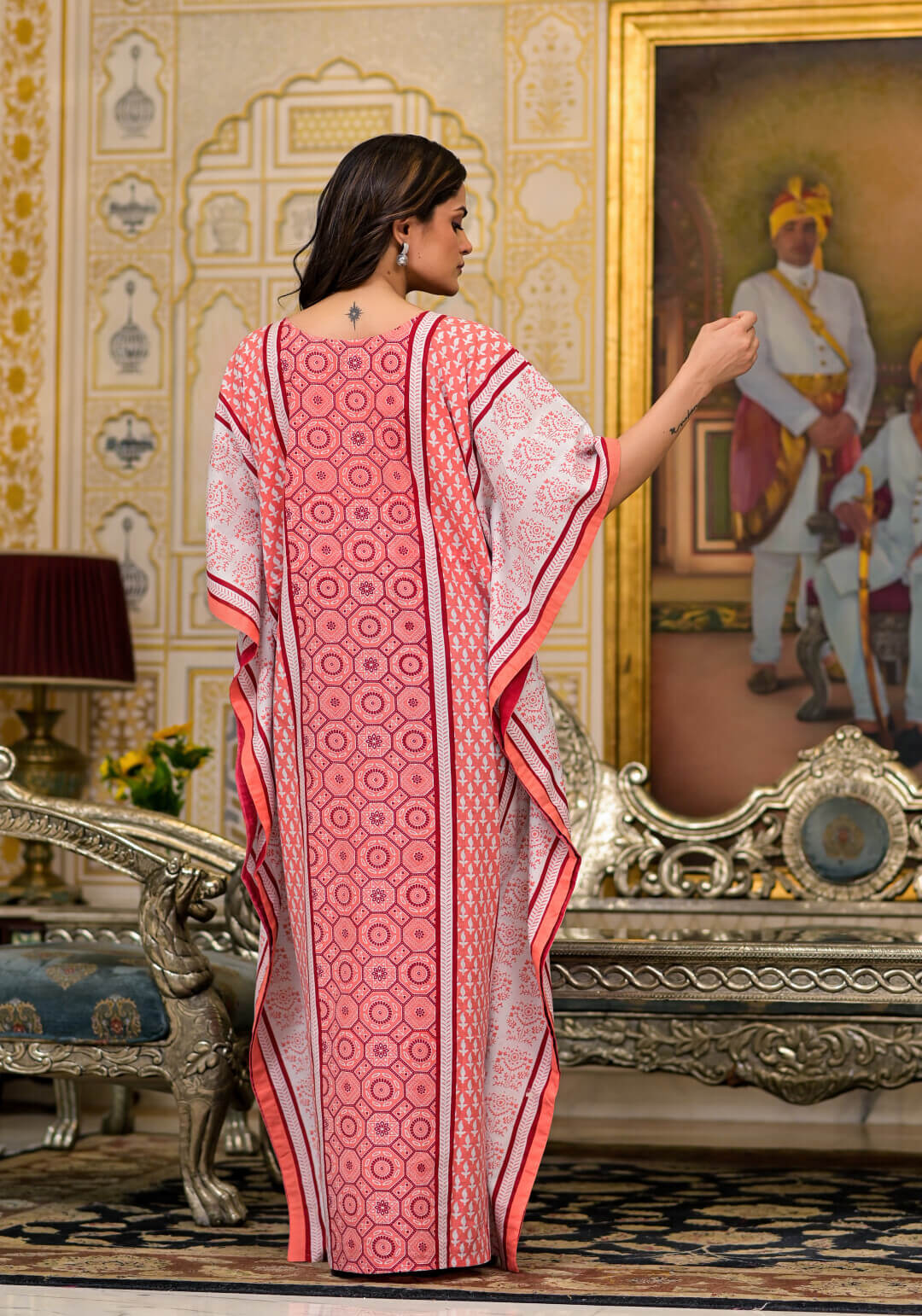 Peach Multi Ethnic Print Maternity & Feeding Kaftan Dress with Concealed Zipper