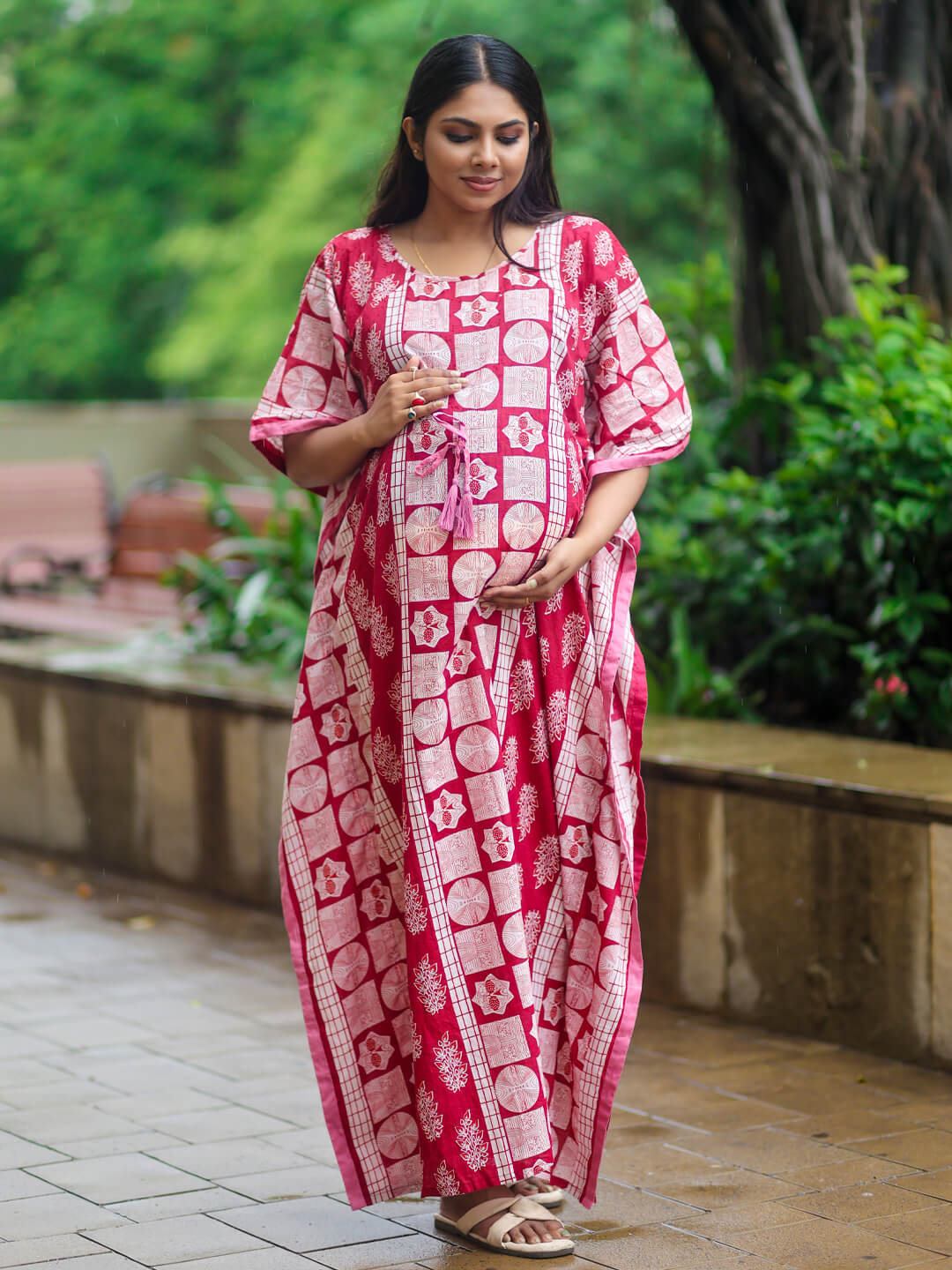 Maroon Ethnic Printed Maternity & Feeding Kaftan Dress with Concealed Zipper
