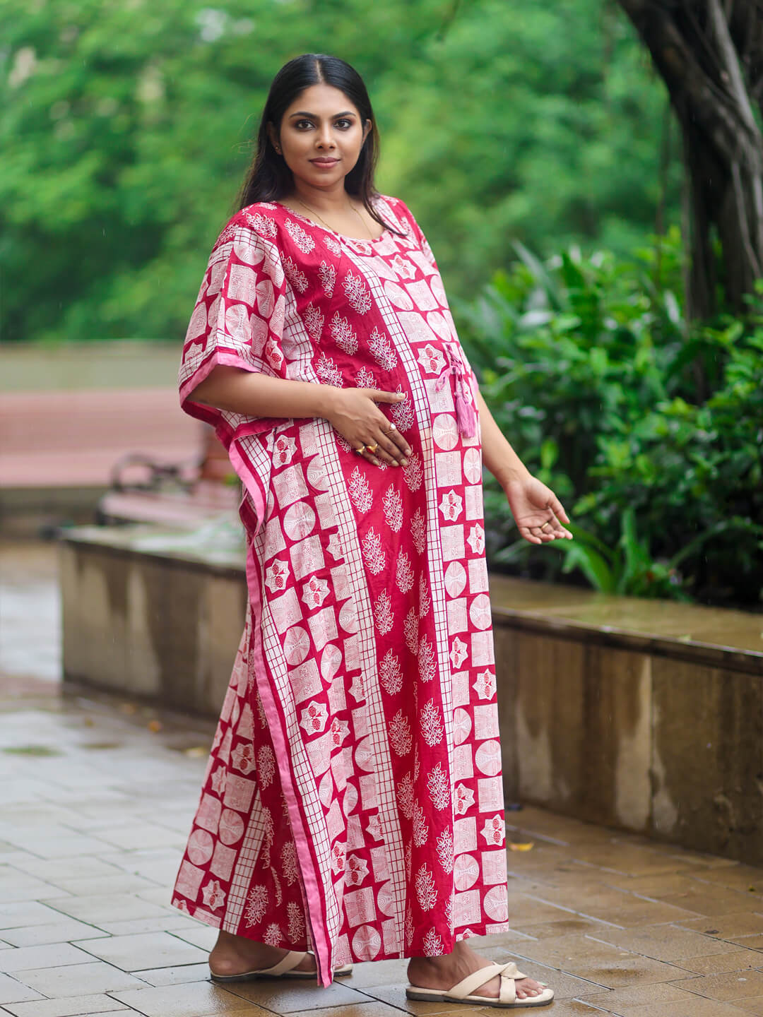 Maroon Ethnic Printed Maternity & Feeding Kaftan Dress with Concealed Zipper