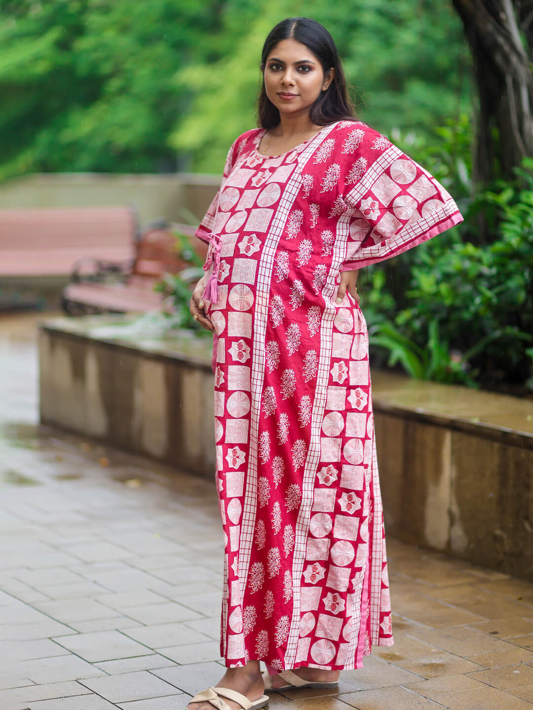 Maroon Ethnic Printed Maternity & Feeding Kaftan Dress with Concealed Zipper