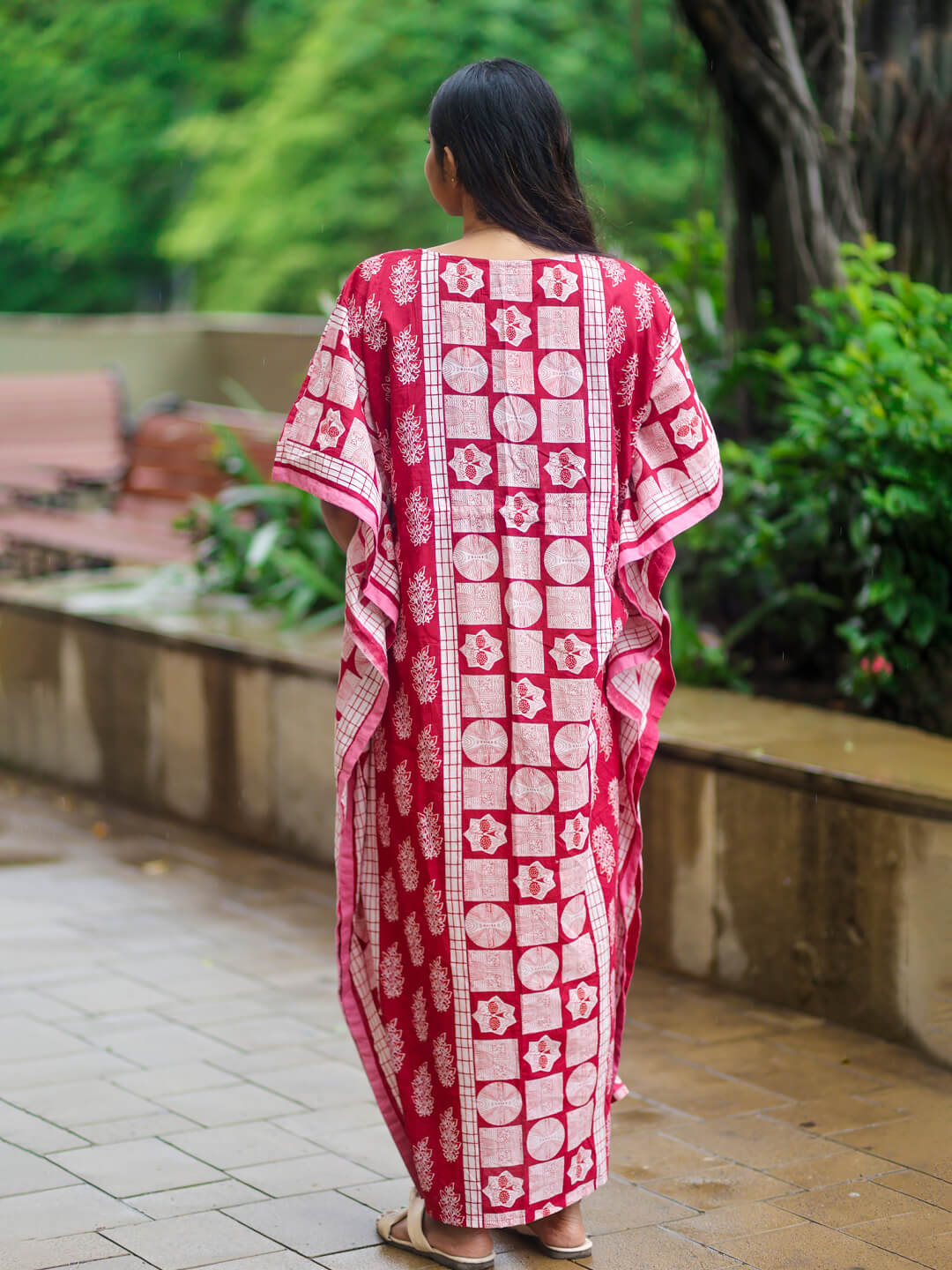 Maroon Ethnic Printed Maternity & Feeding Kaftan Dress with Concealed Zipper
