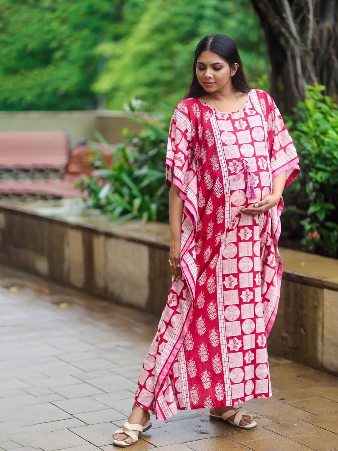 Maroon Ethnic Printed Maternity & Feeding Kaftan Dress with Concealed Zipper