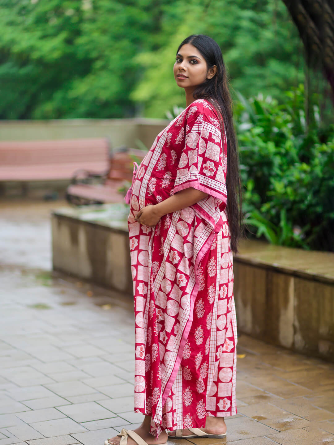 Maroon Ethnic Printed Maternity & Feeding Kaftan Dress with Concealed Zipper