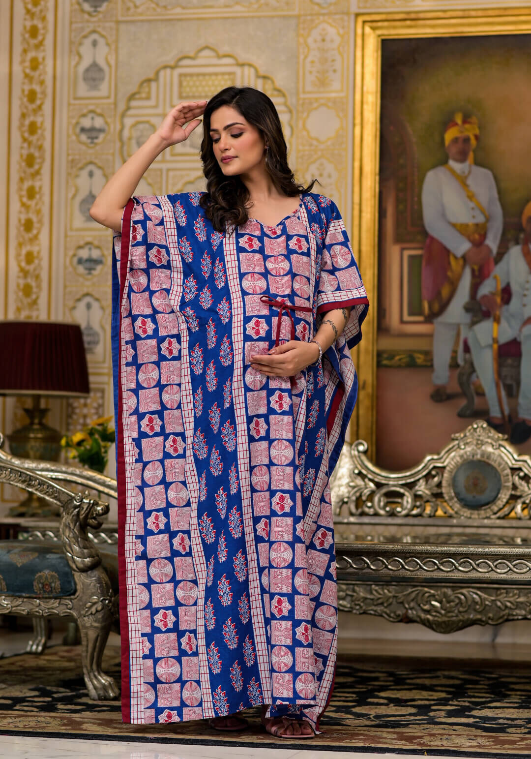 Indigo Red Ethnic Printed Maternity & Feeding Kaftan Dress with Concealed Zipper