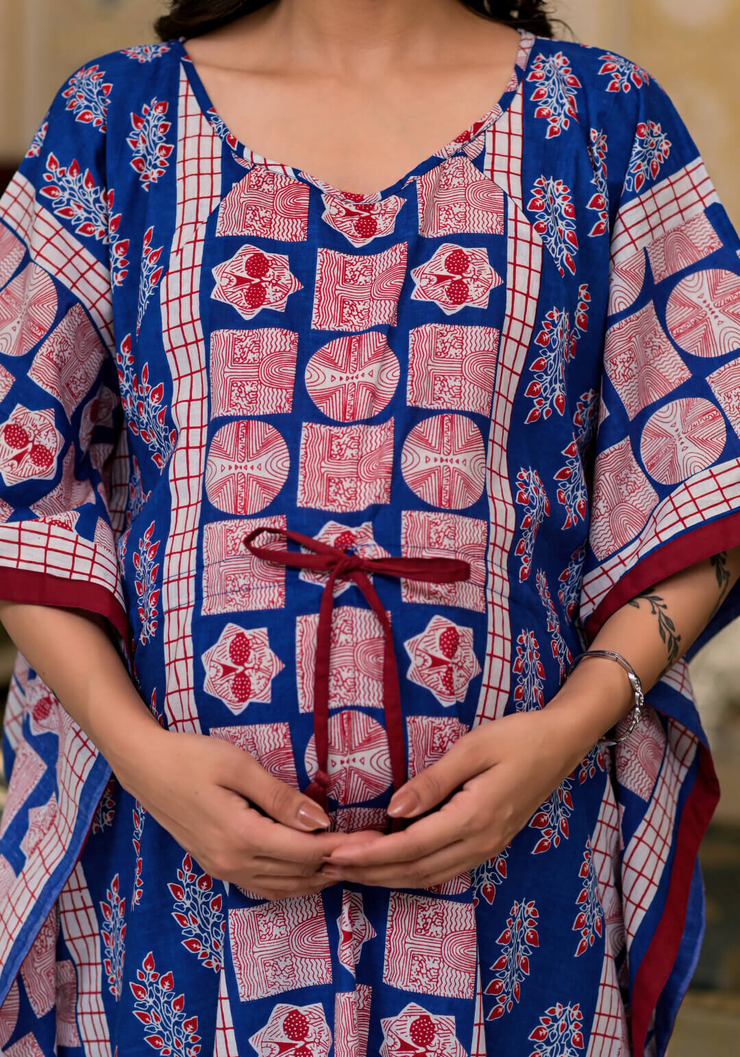 Indigo Red Ethnic Printed Maternity & Feeding Kaftan Dress with Concealed Zipper