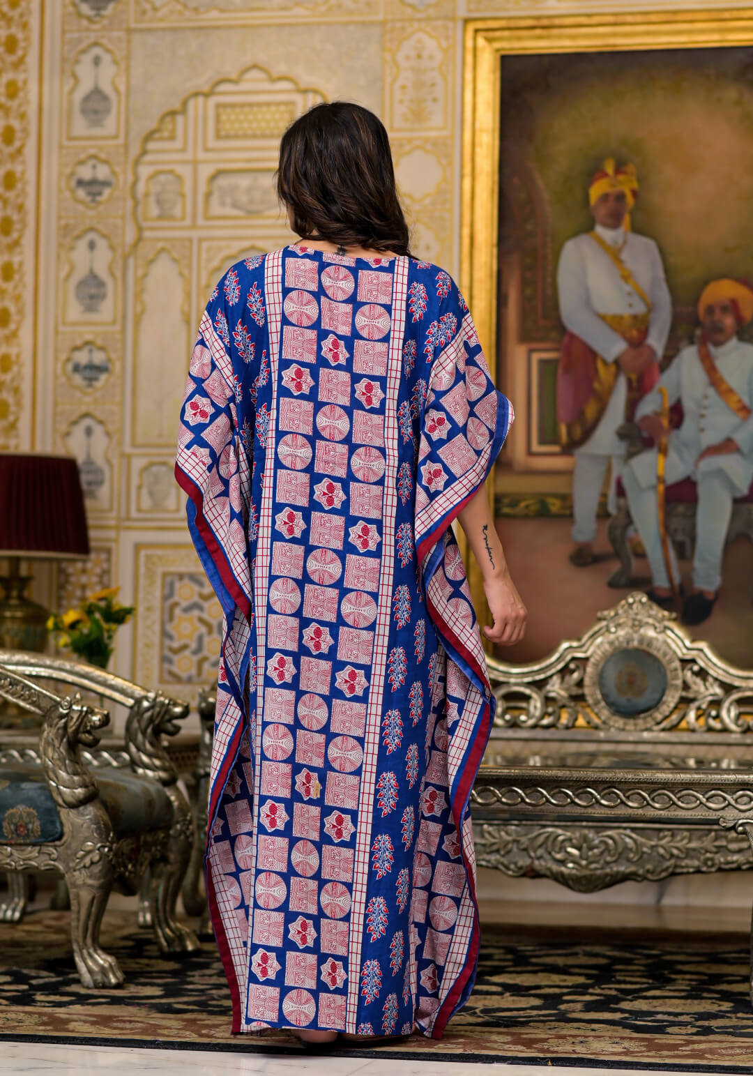 Indigo Red Ethnic Printed Maternity & Feeding Kaftan Dress with Concealed Zipper