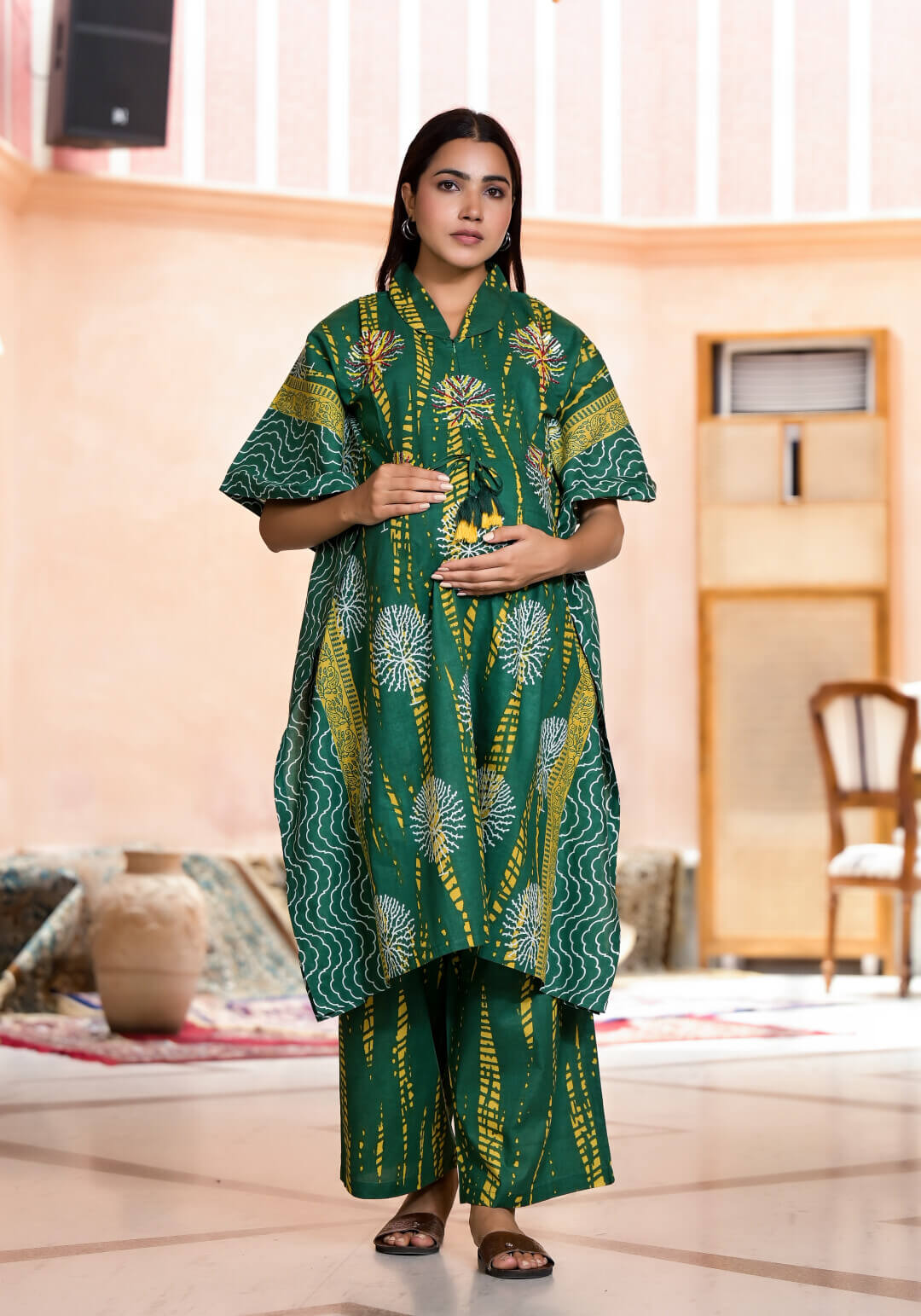 Bottle Green Yellow Ethnic Print Cotton Maternity & Feeding Co-ord Set with Concealed Zipper